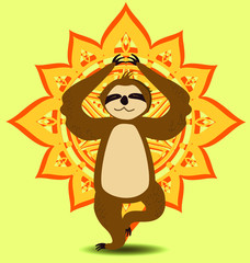 Cute yoga instructor sloth meditating in yoga lotus pose teaching to stay calm and relaxed of background of the indian pattern. Humorous motivational poster or card illustration