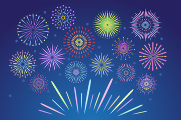 Colorful fireworks. Celebration fire firework, christmas pyrotechnics firecracker for winter party festival birthday celebration or anniversary firecracker background isolated vector set