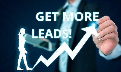 Conceptual hand writing showing Get More Leads. Concept meaning initiation consumer interest or enquiry products or services Female human wear formal work suit presenting smart device