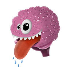 funny cartoon pink brain on white background, illustration