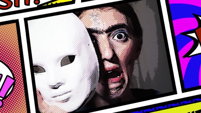 Inside a panel of a comic book page: an ugly woman hiding half her face behind a plain white mask, slowly revealing her scary ugliness. Funny comedic shot.