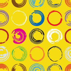 Abstract seamless pattern with circles. Ink illustration. Grunge style elements. Hand drawn colored cirles on yellow-lemon background. Inspired by Pop art style. Stock vector. Repeating backdrop - 282383709