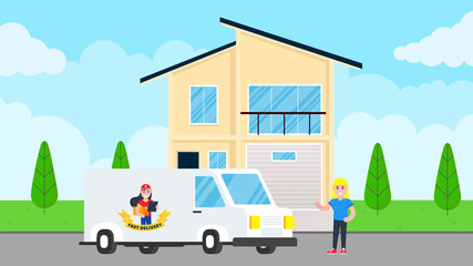 Fast delivery car with cargo shipment and girl with box and clipboard on van flat style design standing near woman behind building. Delivery to home concept. Fast and free.