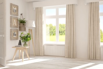 Stylish empty room in white color with summer landscape in window. Scandinavian interior design. 3D illustration