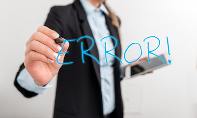 Writing note showing Error. Business concept for state or condition of being wrong in conduct...