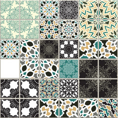 Vector seamless pattern is inspired by traditional wall and floor classical ceramic tiles. Mosaic patchwork design in Mediterranean style. Mexican, Italian, Spanish, Moroccan,  - 282384523