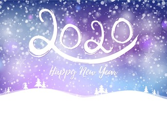 2020 happy new year postcard with falling snow on blue sky, frozen numbers 2020, snowdrifts, flat style design vector illustration on mesh background. Year of the metal rat.