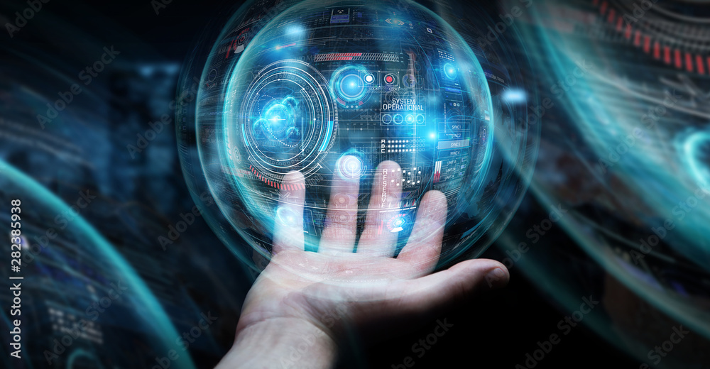 Aufkleber Businessman using digital technological interface with datas 3D rendering