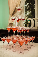 Beautiful glasses of champagne are on the wedding table