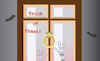Skeleton hands,bats and the door with Trick or Treat text.