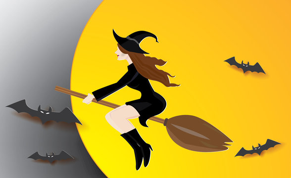 Wizard girl sitting on broom with bats.