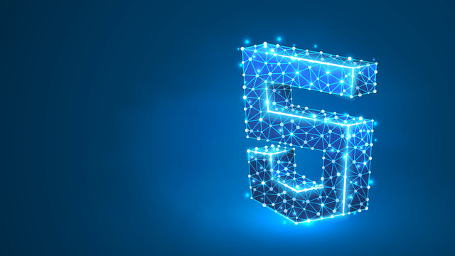 HTML coding language sign. Device, programming, developing concept. Abstract, digital, wireframe, low poly mesh, vector blue neon 3d illustration. Triangle, line, dot