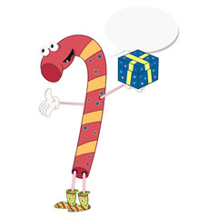 Naklejka na ściany i meble Christmas candy in yellow socks holds a gift box. Cheerful cartoon comic style with contour. Decorative illustration for your greeting cards, posters, patches and prints for clothes