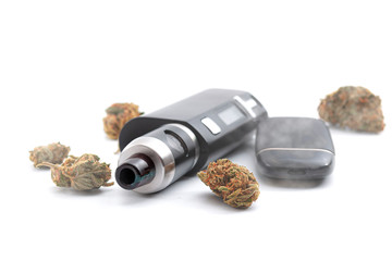 CBD and THC vaping products, dry herb vaporizer and healthy inhaling of cannabis concept theme with e cigarette and vape mod surrounded by marijuana buds isolated on white background