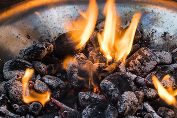 Ignited charcoal grill, flames on the grill with ashes, barbeque concept - Image