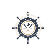 Vector isolated flat icon of steering wheel with hanging rope, crossed oars and ship at the center on the white background.