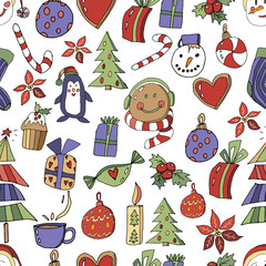 Christmas Icons Seamless Pattern with New Year Tree, penguin, gingerbread, gifts, lollipop, cupcake and decor. Happy Winter Holiday Wallpaper with Nature Decor elements. White background design.
