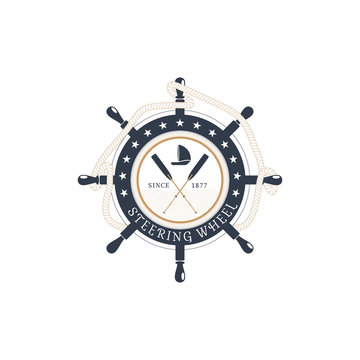 Vector isolated flat icon of steering wheel with hanging rope, crossed oars and ship at the center on the white background.
