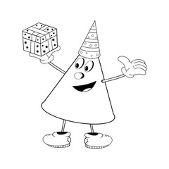 A funny cone in a festive cap holds a gift box in his hand and smiles. Funny coloring in the style of comics.