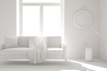 Mock up of stylish room in white color with sofa. Scandinavian interior design. 3D illustration