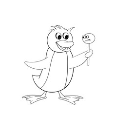 Funny penguin holds candy on a stick in his hand. Coloring in the style of comics.