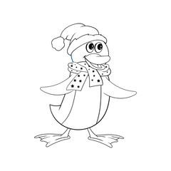 Penguin in a scarf and a Christmas hat. Funny coloring in the style of comics.