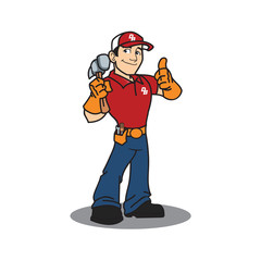 Thumbs up builder man character. Vector logo illustration