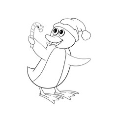 Penguin in a Christmas hat holds a candy in his hand. Funny coloring in the style of comics.