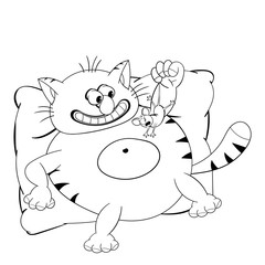 Funny cartoon cat is lying on the pillow, smiling and holding a mouse in its paw. Funny coloring in the style of comics.