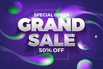 Special offer grand sale banner and back ground. Abstract purple liquid background. Vector illustration