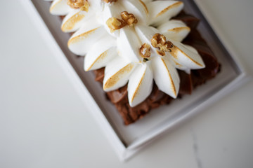 Fototapeta na wymiar Brownie with meringue and nuts