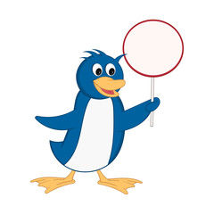 Funny penguin holds a round sign in his hand. Cheerful cartoon comic style with contour. Decorative illustration for your greeting cards, posters, patches and prints for clothes, flyers, emblems.
