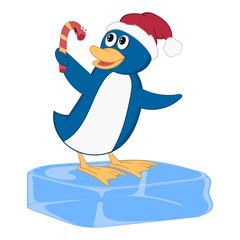 Funny penguin in a Christmas hat stands on an ice floe and holds a candy in his hand. Cheerful cartoon comic style with contour. Decorative illustration for your greeting cards, posters