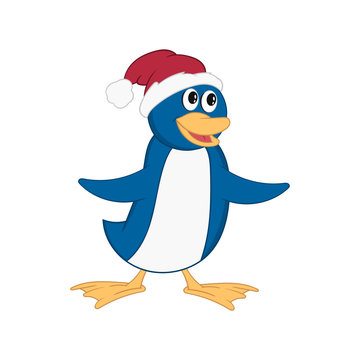 Funny penguin in christmas hat. Funny cartoon comic style with outline. Decorative illustration for your greeting cards, posters, patches and prints for clothes, flyers, emblems.