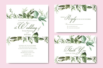 wedding invitation template card design with floral and leaves