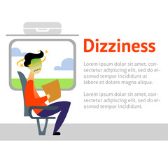 A vector image of a man in the transport with motion sickness and dizziness. A color image for a travel poster, flyer or article.