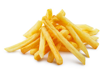 Delicious french potato fries, isolated on white background