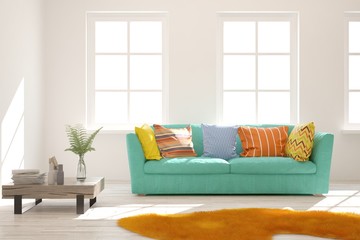 Stylish room in white color with sofa. Scandinavian interior design. 3D illustration