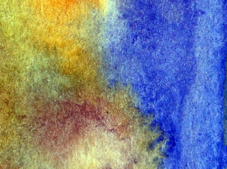 Watercolor abstract bright colorful textural background handmade . Painting of sky and clouds during sunset . Modern cosmic pattern . Shine