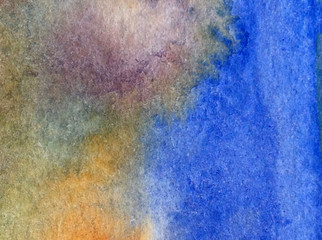 Watercolor abstract bright colorful textural background handmade . Painting of sky and clouds during sunset . Modern cosmic pattern . Shine