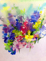 Abstract bright colored decorative background . Floral pattern handmade . Beautiful tender romantic bouquet of flowers , made in the technique of watercolors from nature.
