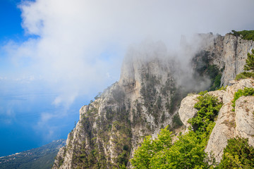 Ai-petri mountain in the fog. High mountain. Crimea. Russian mountains. Low clouds. Beautiful mountain landscape. The famous AI Petri mountain, partially covered with clouds, fog