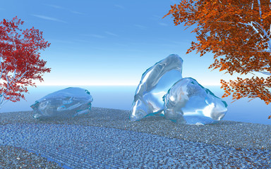 Japanese garden of the future made in 3D Render