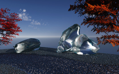 Japanese garden of the future made in 3D Render