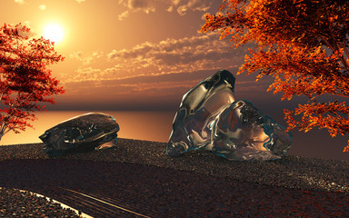 Japanese garden of the future made in 3D Render