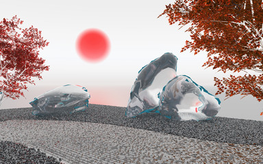 Japanese garden of the future made in 3D Render