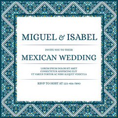 Traditional mexican wedding invite card template vector. Vintage mosaic tile pattern with green, blue and turquoise texture. Sicily background for save the date design or invitation party.