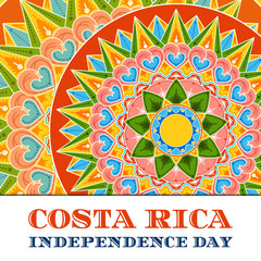 Costa Rica Independence Day, 15 September, illustration vector. Decorated background with traditional ornament pattern from coffee carreta wheel for holiday card, banner, flyer or poster design.