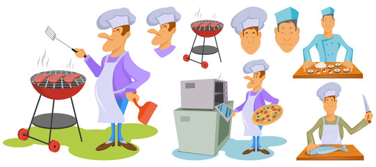 Characters set of professional chefs. Makes Beef steak. Chefs standing in different poses in white hat. Cooking at work. Сhef cooking gourmet meal. Cartoon cook - chef in uniform