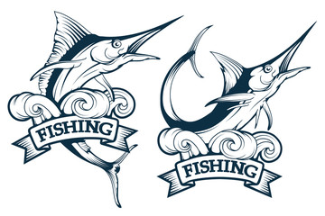 Marlin fish set. Blue marlin fish in different poses, marlin fish fishing emblem, sword fish logo, vector graphics to design